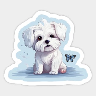 Playful Encounter: Maltese Frolicking with a Butterfly Sticker